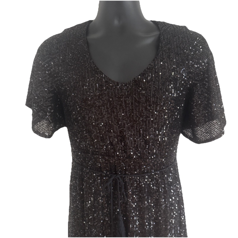 Pinkblush Ricarica Black Sequins Sz Small Maxi Gown Tassle Tie Belt Fully Lined